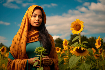 Graceful in Nature: Capturing the Serene Beauty of an Indian Girl in a Hijab Walking Amongst Stunning Sunflowers.

