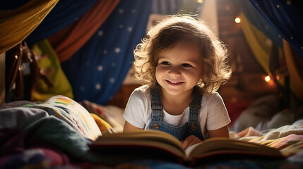 Cheerful Child Engrossed in Reading a Book Indoor