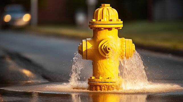 Yellow fire hydrant gushing water across a street with wet highway. Generative AI