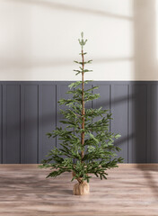 Medium-sized artificial Christmas tree with a modern and minimalist design, without Christmas decorations, set up on a jute sack inside a room with Nordic style and natural light.