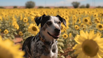 Dogs Frolicking near a Sunflower Meadow. Generative AI