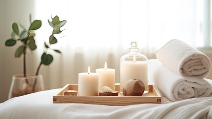 Beautiful spa treatment composition such as Towels, candles, essential oils, Massage Stones on light wooden background. blur living room, natural creams and moisturising Healthy lifestyle, body care