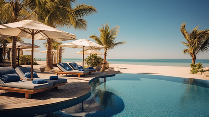 Fototapeta na wymiar Luxury resort with swimming pool and loungers umbrellas. Sea in background