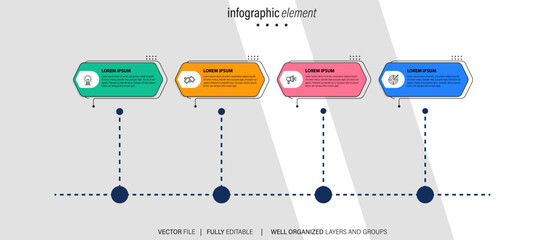 Timeline infographic with infochart. Modern presentation template with 4 spets for business process. Website template on white background for concept modern design. Horizontal layout.