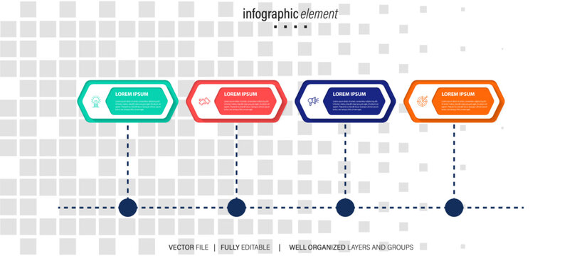 Timeline infographic with infochart. Modern presentation template with 4 spets for business process. Website template on white background for concept modern design. Horizontal layout.