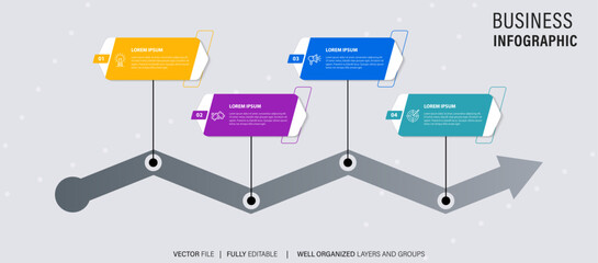 Business timeline workflow infographics. Corporate milestones graphic elements. Company presentation slide template with year periods. Modern vector history time line design