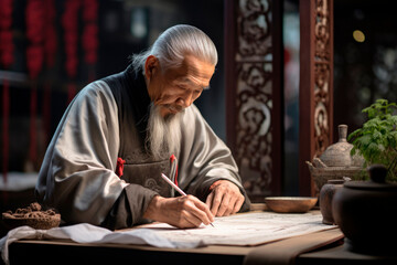 Fototapeta na wymiar Traditional Chinese Calligraphy: An Elderly Artisan's Skillful Brush Strokes Create Elegant Characters with Wisdom 