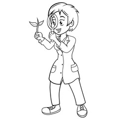 Mujer analizando con una lupa un especimen de planta.