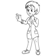 Mujer cientifica analizando sus notas de investigacion, ilustracion sin color para colorear.