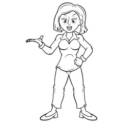 Dibujo mujer posando de frente, Ilustración vectorial sin color para pintar.