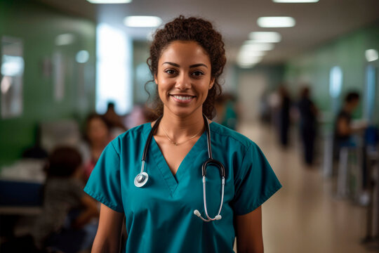 Latina Nurse in Action. A Skilled Medical Professional from Latin America Wearing Scrubs While Tending to Patients.