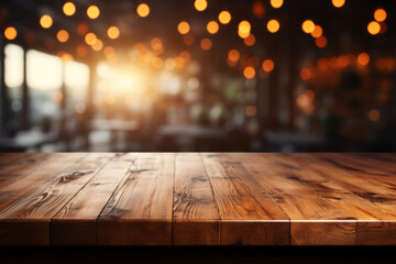 Empty wooden table for product display in front of a blurred background suitable for Oktoberfest festivities
