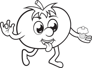 Ilustracion vectorial sin color para pintar de un tomate mascota estilo cartoon con un pastelillo en la mano.