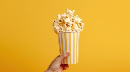 Hand holding striped bucket with popcorn on plain background