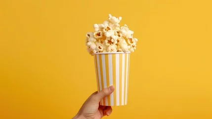 Foto op Plexiglas Hand holding striped bucket with popcorn on plain background © Voilla