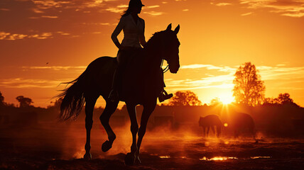 Woman and Horse Silhouette at Sunset. Graceful Equestrian. Generative AI