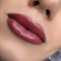 permanent makeup on the lips of a young woman of a delicate peach shade close-up, a girl after a...