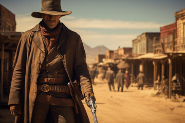 Wild west gunslinger in a frontier western town.  - obrazy, fototapety, plakaty