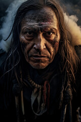 Dramatic portrait of a traditional Indigenous man from a tribe on the Great Plains of North America. 
