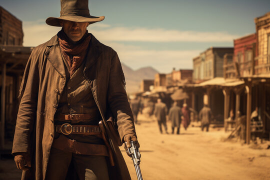Wild west gunslinger in a frontier western town. 