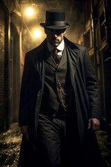 Victorian era detective in a dark and dangerous street. 