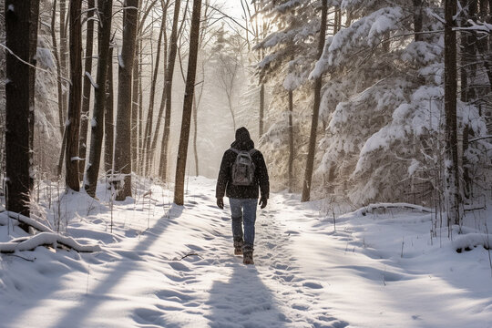Man walking alone on a cold and snowy winter day.