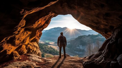 A man standing in front of the cave looked at the natural scenery