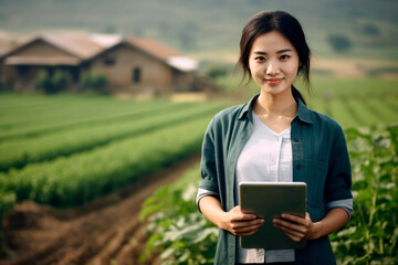 Fototapeta premium Cultivating with Technology: A Farmer Worker and a Chinese Woman Utilize a Tablet in the Heart of an Agricultural Environment.