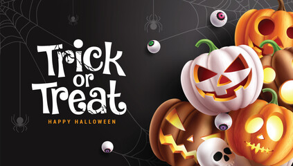 Halloween trick or treat text vector design. Trick or treat with pumpkin squash lantern decoration elements for holiday spooky background. Vector illustration party invitation card. - obrazy, fototapety, plakaty