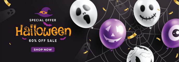 Halloween text sale vector banner design. Halloween promotion special offer scary inflatable balloons elements  in web background. Vector illustration shopping discount promo.