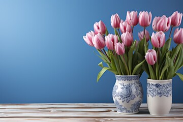 Obraz premium tulips on blue background, copy space 