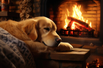 Golden Retriever dog by the fireplace in a cozy house