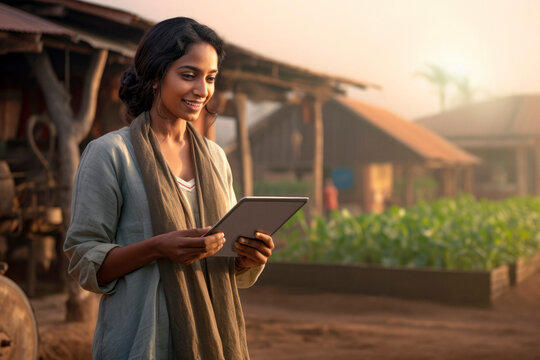 Modern Agriculture: An Indian Woman Farmer Worker With A Tablet, Managing Agricultural Fields And Plantations.

