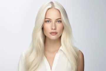 Naklejka premium Beautiful young woman with long blond hair on white background
