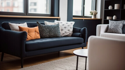 Obraz premium Living Room Bliss. A Perfectly Placed Sofa and Fluffy Cushions for Ultimate Comfort. Generative AI