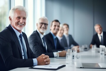 Obraz premium Happy mature business man team manager CEO executive leading group corporate meeting in board room. business team people company staff working together at office table. generative AI