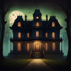 A haunted mansion with eerie lights in every window - obrazy, fototapety, plakaty