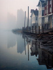 Riverfront Houses at Dawn with Skyscrapers Behind a Mist