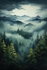 Foggy pine forest view from above Generative AI.