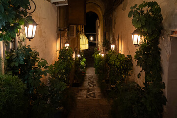 View of an alley with steps down and wall with lanterns illuminating sidewalk at night