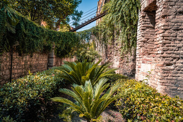 stone and brick walls along paved sidewalk with trees on a sunny summer day - Powered by Adobe