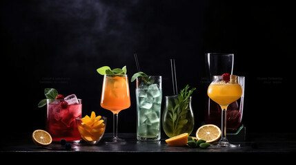 Classic drink menu concept. Cocktails assortment served on dark background. Generative AI