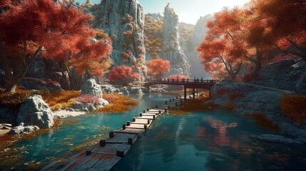 Autumn nature landscape. Lake bridge in fall forest. Path way in gold woods. Romantic view scene