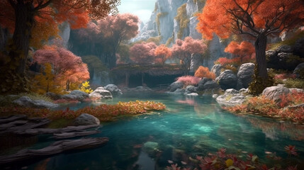 Fototapeta na wymiar Autumn nature landscape. Lake bridge in fall forest. Path way in gold woods. Romantic view scene