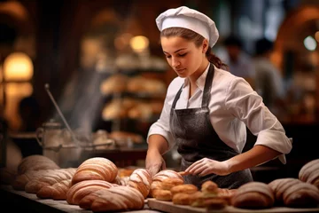 Papier Peint photo Lavable Pain Baking Artistry: A Portrait of a French Woman Flourishing as a Baker, Showcasing a Fresh Baguette with Ample Copy Space.  