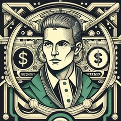 Futuristic illustration of dollar man symbol traditional ornate money banknote - obrazy, fototapety, plakaty