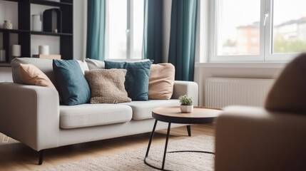 Fototapeta premium Living Room Bliss. A Perfectly Placed Sofa and Fluffy Cushions for Ultimate Comfort. Generative AI