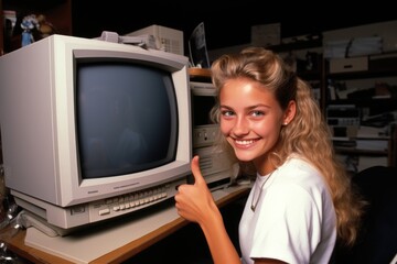 Fototapeta na wymiar 90s Memories. Teenage girl giving the thumbs up. Retro PC, LCD monitor.