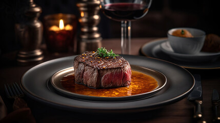 A Culinary Masterpiece. Exquisite Steak Dining on a Plate of Elegance. Generative AI