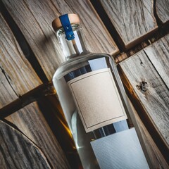 Bottle on wooden drink alcoholic vodka concept drink empty mockup - obrazy, fototapety, plakaty
